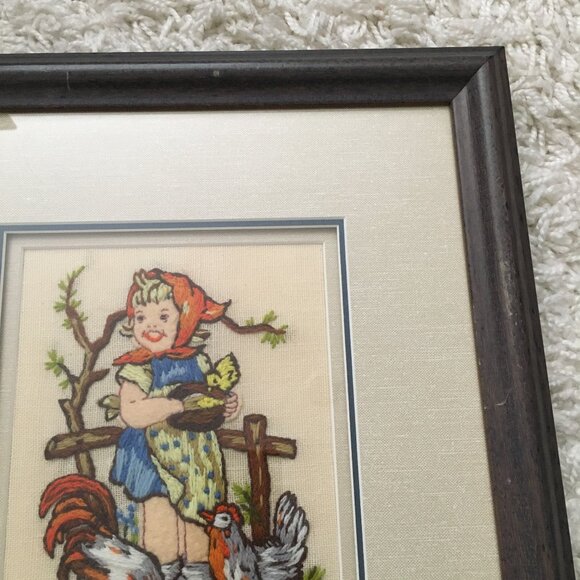 Vintage Hummel Needlework Girl Feeding Chickens Fowls 3-D Embroidery Framed - Picture 7 of 12